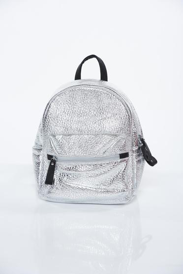 Rucsac argintiu casual din piele ecologica cu aspect metalic
