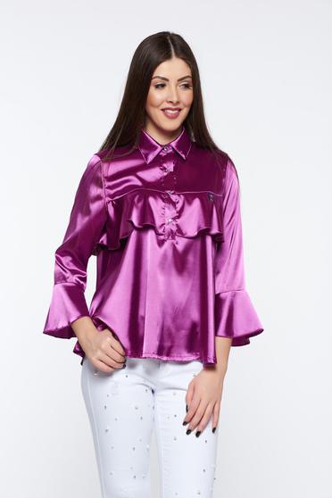 Bluza dama MissQ mov eleganta cu croi larg din material satinat cu volanase