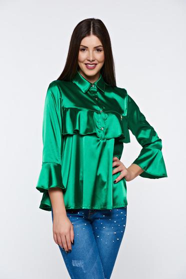 poze cu Bluza dama MissQ verde-inchis eleganta cu croi larg din material satinat cu volanase