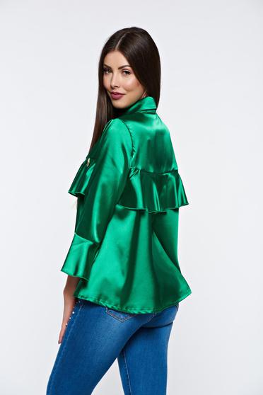 poze cu Bluza dama MissQ verde-inchis eleganta cu croi larg din material satinat cu volanase