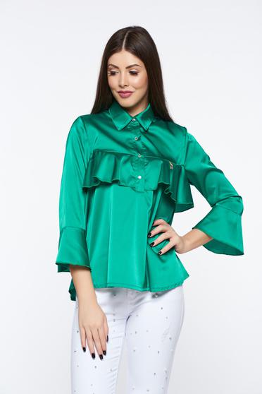 Bluza dama MissQ verde eleganta cu croi larg din material satinat cu volanase