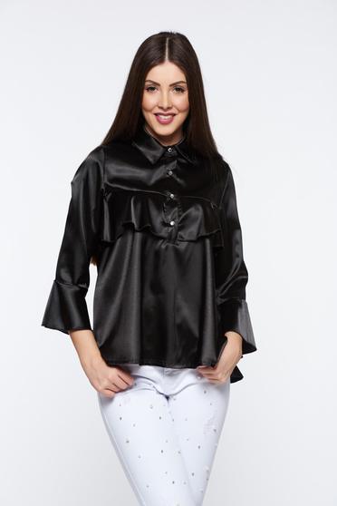 Bluza dama MissQ neagra eleganta cu croi larg din material satinat cu volanase