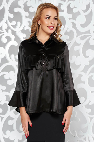 Bluza dama MissQ neagra eleganta cu croi larg din material satinat cu volanase