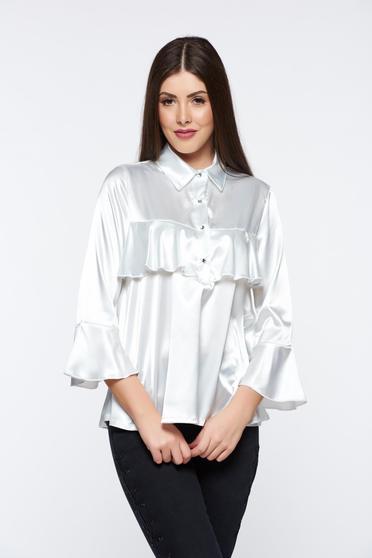 Bluza dama MissQ alba eleganta cu croi larg din material satinat cu volanase