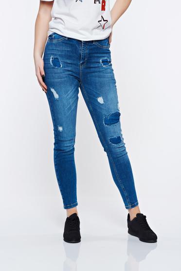 Blugi MissQ albastri casual skinny din bumbac cu rupturi cu talie inalta cu buzunare