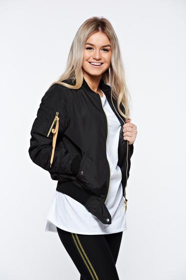 Geaca MissQ neagra casual brodata cu buzunare cu fermoar