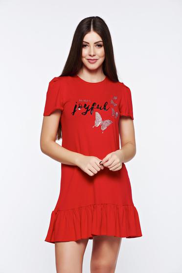 Rochie MissQ rosie casual cu volanase din material elastic si fin cu aplicatii cu sclipici
