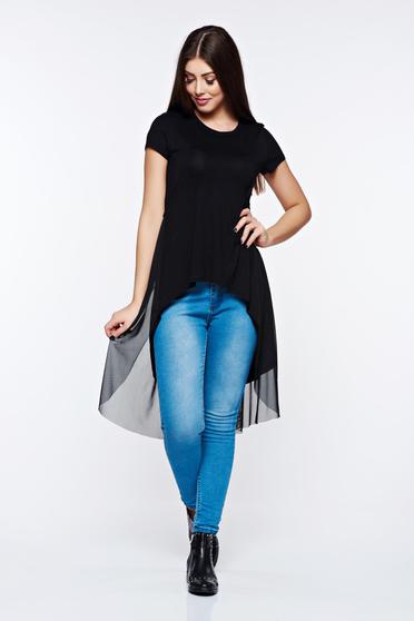 poze cu Tricou MissQ negru casual asimetric din material elastic cu aplicatii de tul