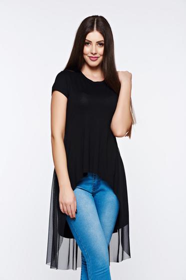 poze cu Tricou MissQ negru casual asimetric din material elastic cu aplicatii de tul
