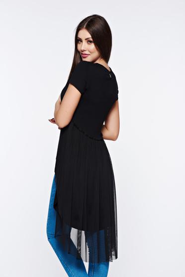 poze cu Tricou MissQ negru casual asimetric din material elastic cu aplicatii de tul
