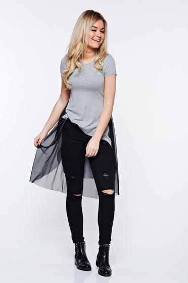 poze cu Tricou MissQ gri casual asimetric din material elastic cu aplicatii de tul