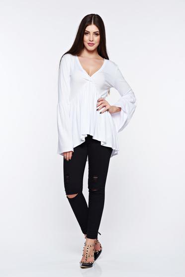 poze cu Bluza dama MissQ alba casual asimetrica cu decolteu in v cu volanase