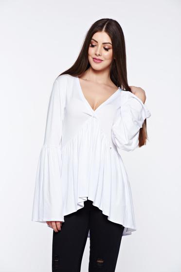 poze cu Bluza dama MissQ alba casual asimetrica cu decolteu in v cu volanase