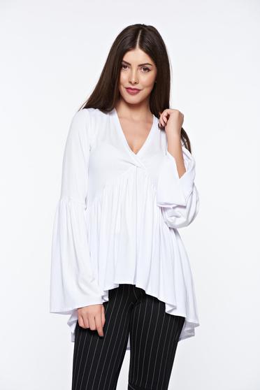 Bluza dama MissQ alba casual asimetrica cu decolteu in v cu volanase