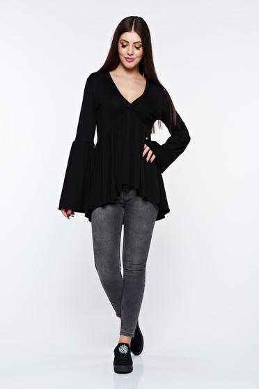 poze cu Bluza dama MissQ neagra casual asimetrica cu decolteu in v cu volanase