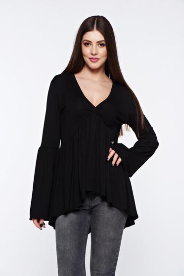 poze cu Bluza dama MissQ neagra casual asimetrica cu decolteu in v cu volanase