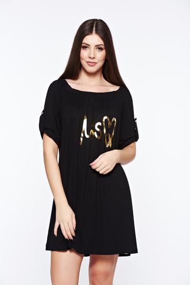 Rochie MissQ neagra casual cu croi larg din material elastic cu print