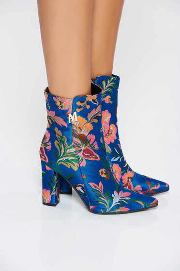 Botine MissQ albastra casual cu toc inalt si gros si interior din piele