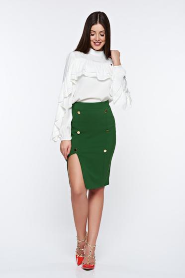 Fusta PrettyGirl verde-inchis office tip creion cu talie inalta captusita pe interior