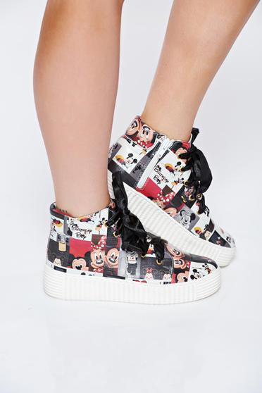 Pantofi sport MissQ negru casual din piele naturala cu print cu talpa usoara cu siret