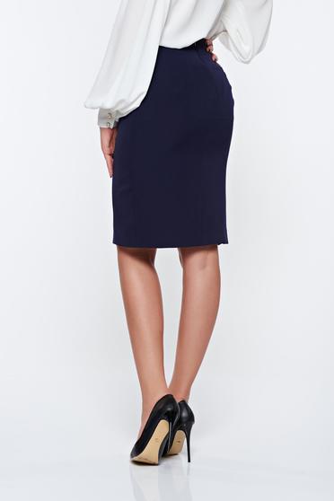 poze cu Fusta PrettyGirl albastra-inchis office tip creion cu talie inalta captusita pe interior