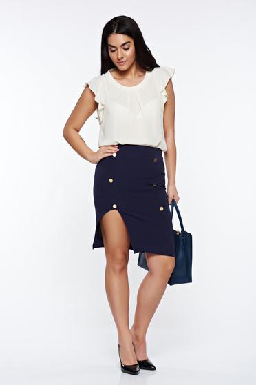 Fusta PrettyGirl albastra-inchis office tip creion cu talie inalta captusita pe interior