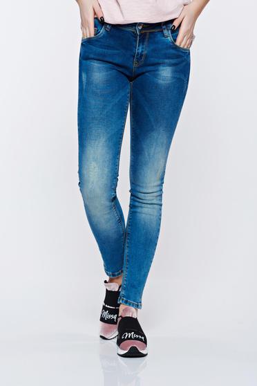 poze cu Blugi MissQ albastri casual skinny cu talie medie din bumbac cu buzunare