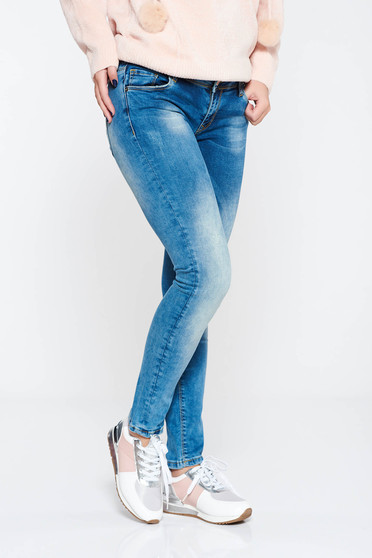 Blugi MissQ albastri casual skinny cu talie medie din bumbac cu buzunare