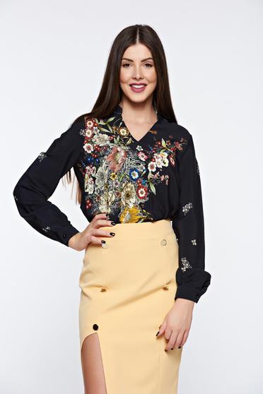 Bluza dama PrettyGirl neagra office cu croi larg cu decolteu in v