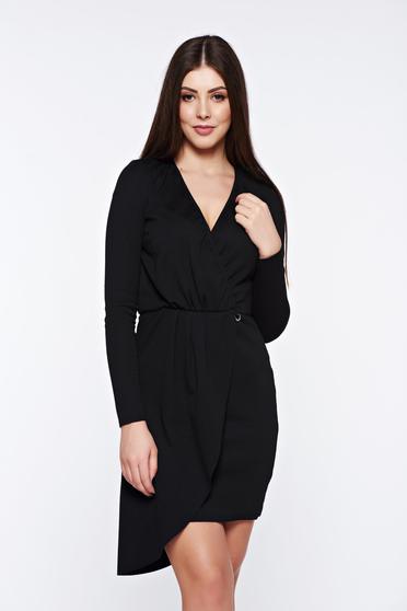 Rochie PrettyGirl neagra de zi asimetrica din bumbac cu elastic in talie