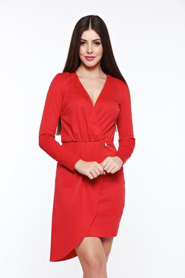 Rochie PrettyGirl rosie de zi asimetrica din bumbac cu elastic in talie