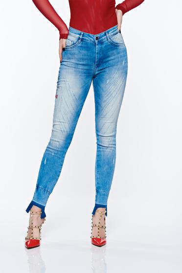 Blugi MissQ albastri casual skinny din bumbac elastic cu talie medie