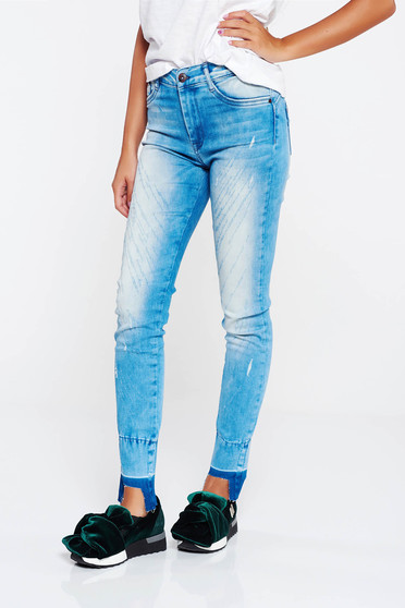 Blugi MissQ albastri casual skinny din bumbac elastic cu talie medie
