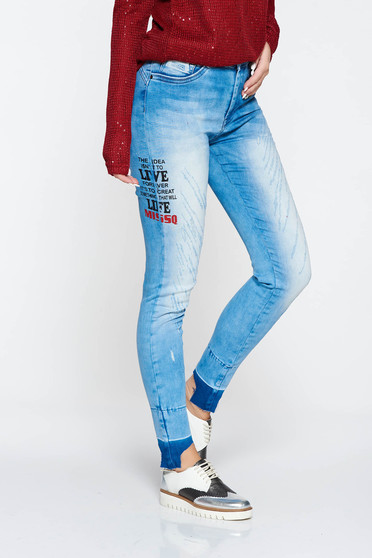 Blugi MissQ albastri casual skinny din bumbac elastic cu talie medie