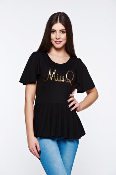 Bluza dama MissQ neagra casual din material elastic si fin cu print si volanase