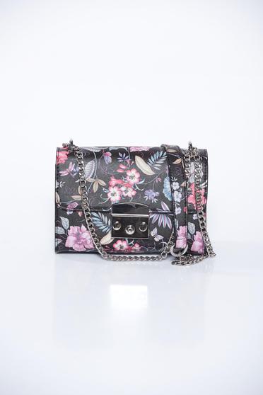 Geanta dama Top Secret neagra casual din piele ecologica cu imprimeu floral cu maner lung tip lantisor