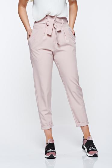 Pantaloni SunShine rosa casual cu talie inalta din material usor elastic cu buzunare