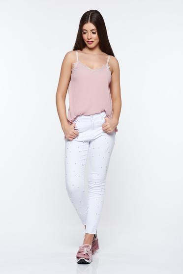 poze cu Top rosa elegant din voal plisat cu aplicatii de dantela