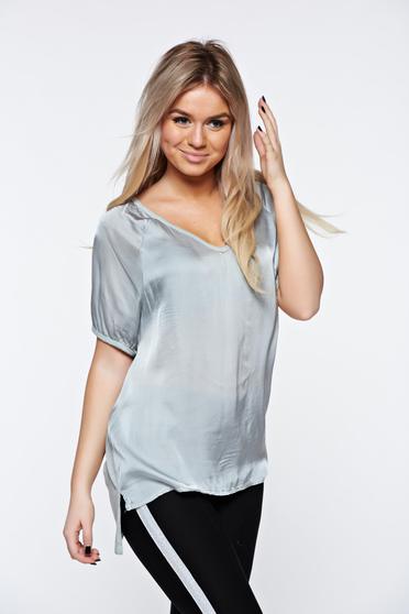 Tricou gri casual asimetric cu croi larg din material satinat