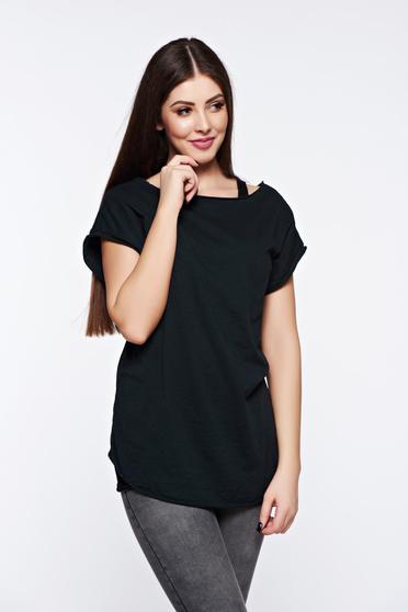 Tricou negru casual cu croi larg din bumbac elastic accesorizat cu maiou