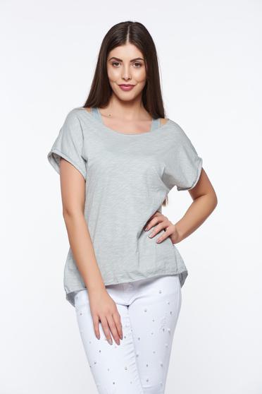 Tricou gri casual cu croi larg din bumbac elastic accesorizat cu maiou