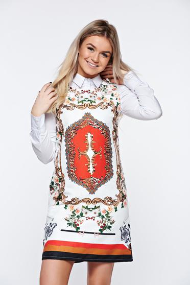 Rochie alba casual din jaquard cu croi larg cu print