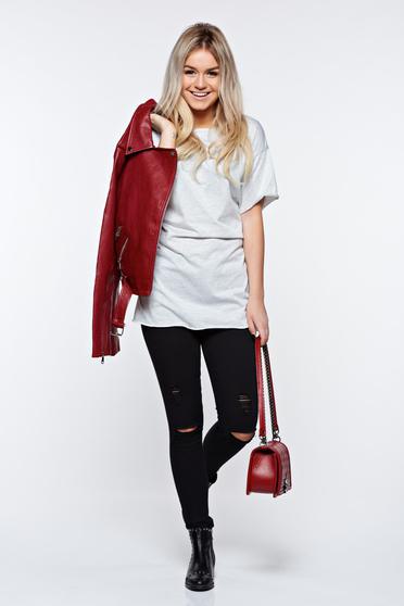 Tricou gri casual din bumbac elastic cu croi larg accesorizat cu snur