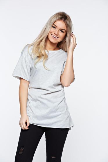 Tricou gri casual din bumbac elastic cu croi larg accesorizat cu snur