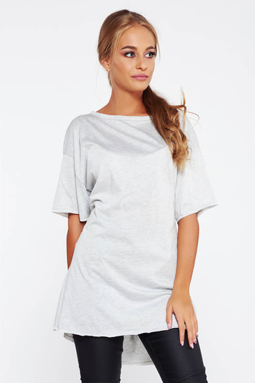 Tricou gri casual din bumbac elastic cu croi larg accesorizat cu snur