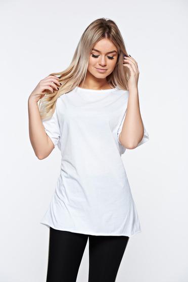 Tricou alb casual din bumbac elastic cu croi larg accesorizat cu snur