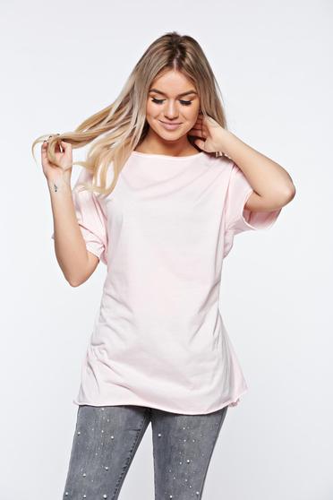 Tricou rosa casual din bumbac elastic cu croi larg accesorizat cu snur