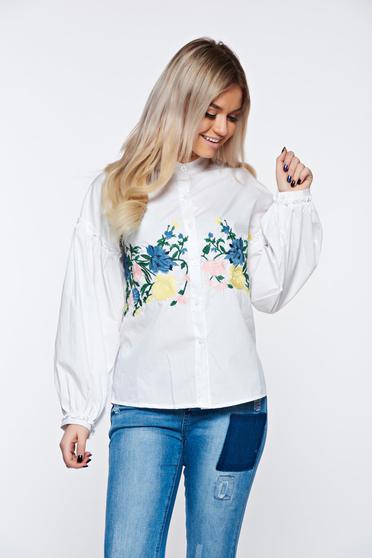 Camasa dama alba casual brodata din bumbac cu maneci bufante