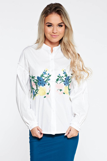Camasa dama alba casual brodata din bumbac cu maneci bufante