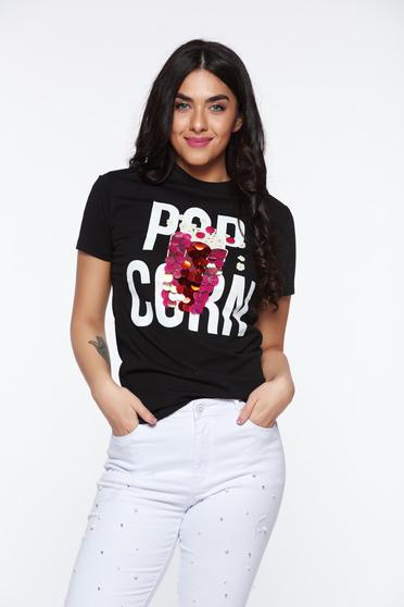 Tricou negru casual cu croi larg din bumbac usor elastic cu aplicatii cu paiete